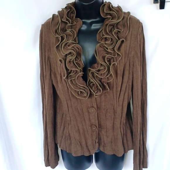Vintage Alberto Makali Ruffle Collared Cardigan Sweater M, Khaki Green - Picture 1 of 6
